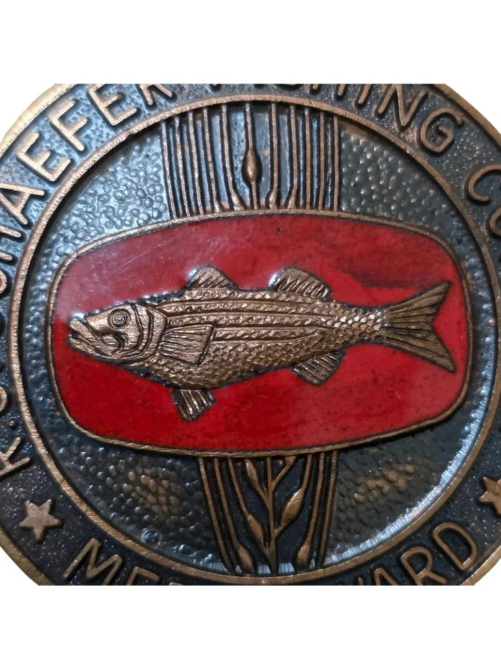Vtg R.J Schaefer Fishing Contest Merit Award Enamel Copper Brooch Pin 2